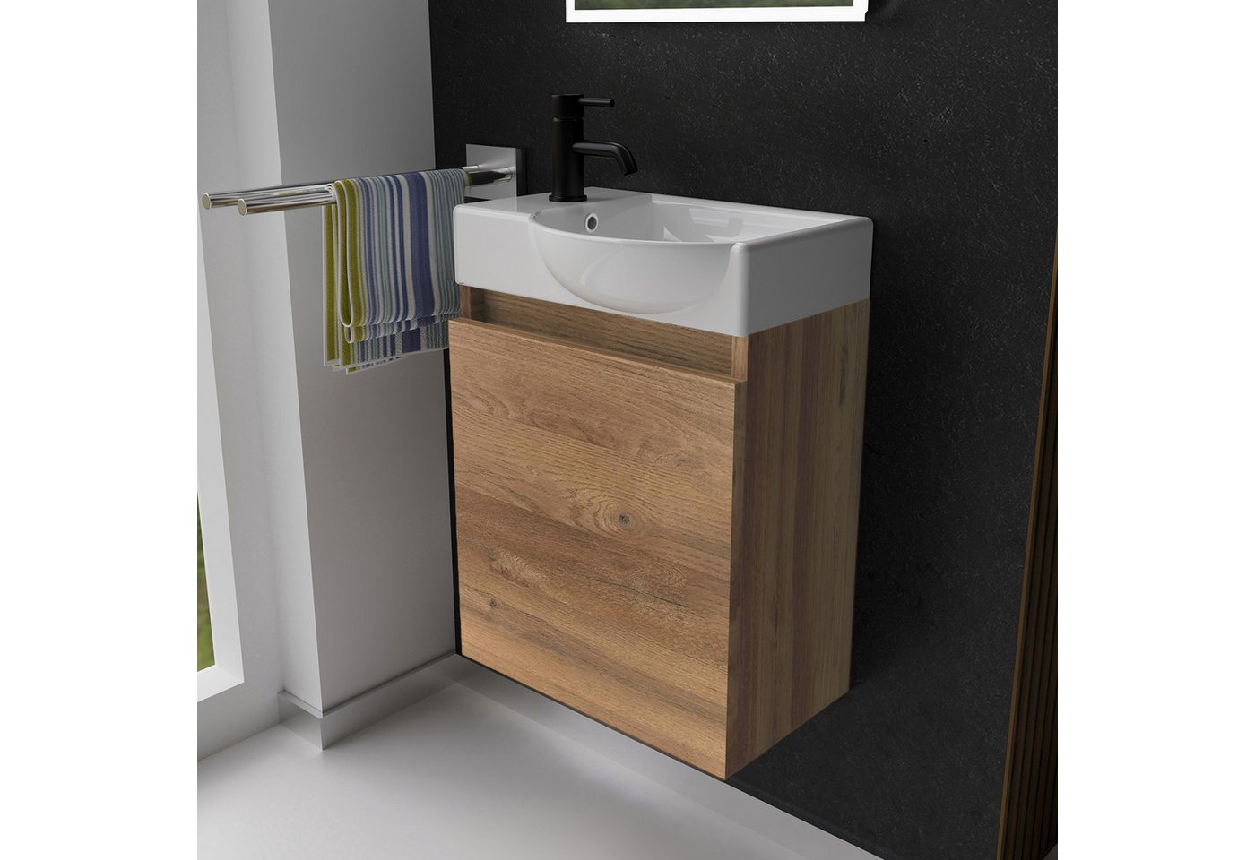 Alpenberger Badmöbel-Set Badschrank in Bamboo Optik mit Keramik Waschbecken, (2-tlg., Badmöbel Set Vormontiert), Eckig ovales Becken mit Überlauf, eintüriger Badschrank mit Softclose Bild 5
