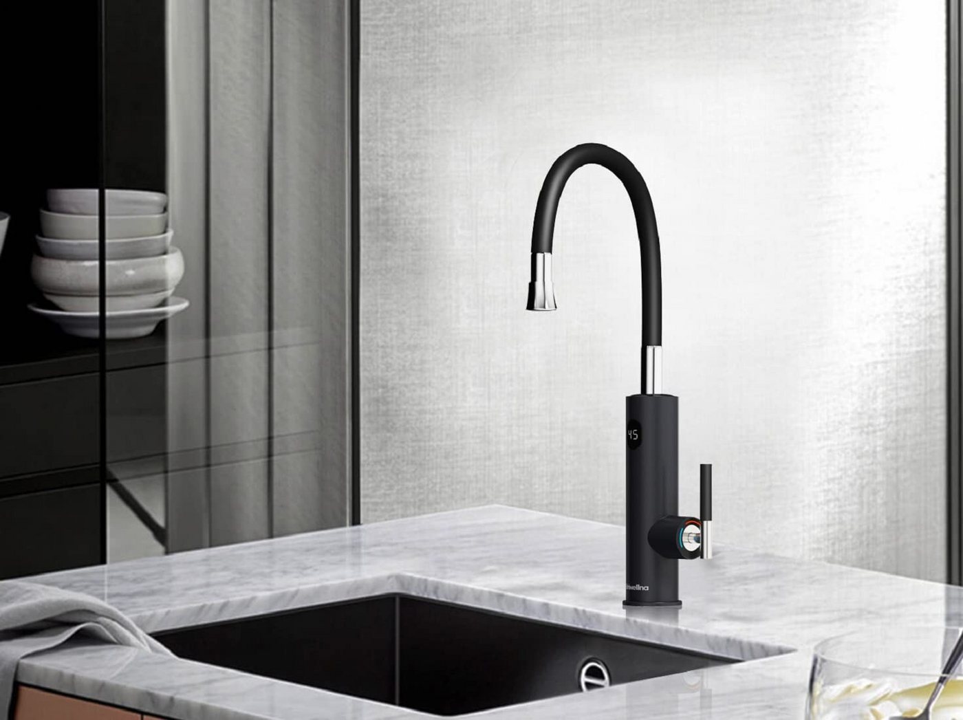 Oihpaw Durchlauferhitzer Elektrische Durchlauferhitzer, 360° Schwenkbar Armatur, 3000W, Langhebel, 1 St., Temperaturanzeige elektrischer Wasserhahn Küchenarmatur Bild 2