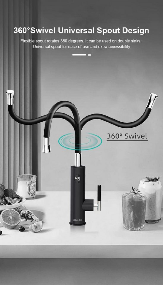 Oihpaw Durchlauferhitzer Elektrische Durchlauferhitzer, 360° Schwenkbar Armatur, 3000W, Langhebel, 1 St., Temperaturanzeige elektrischer Wasserhahn Küchenarmatur Bild 5