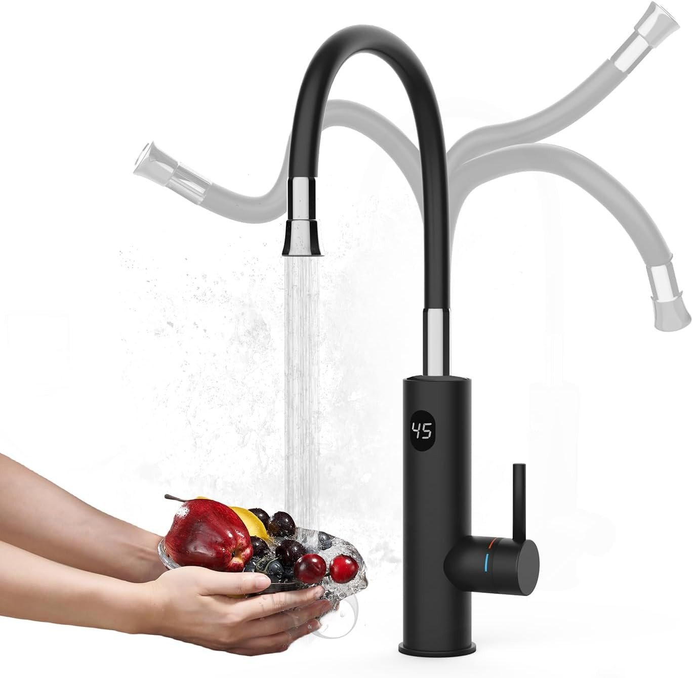 Oihpaw Durchlauferhitzer Elektrische Durchlauferhitzer, 360° Schwenkbar Armatur, 3000W, Kurzhebel, 1 St., Temperaturanzeige elektrischer Wasserhahn Küchenarmatur