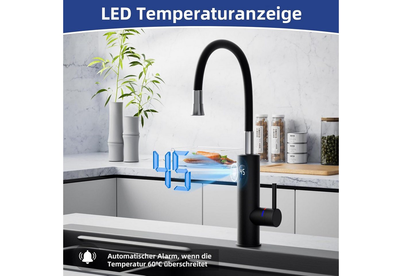 Oihpaw Durchlauferhitzer Elektrische Durchlauferhitzer, 360° Schwenkbar Armatur, 3000W, Kurzhebel, 1 St., Temperaturanzeige elektrischer Wasserhahn Küchenarmatur Bild 2