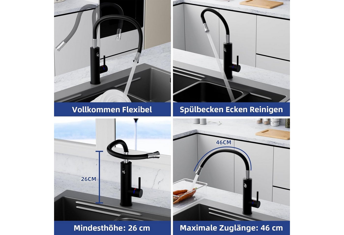 Oihpaw Durchlauferhitzer Elektrische Durchlauferhitzer, 360° Schwenkbar Armatur, 3000W, Kurzhebel, 1 St., Temperaturanzeige elektrischer Wasserhahn Küchenarmatur Bild 3