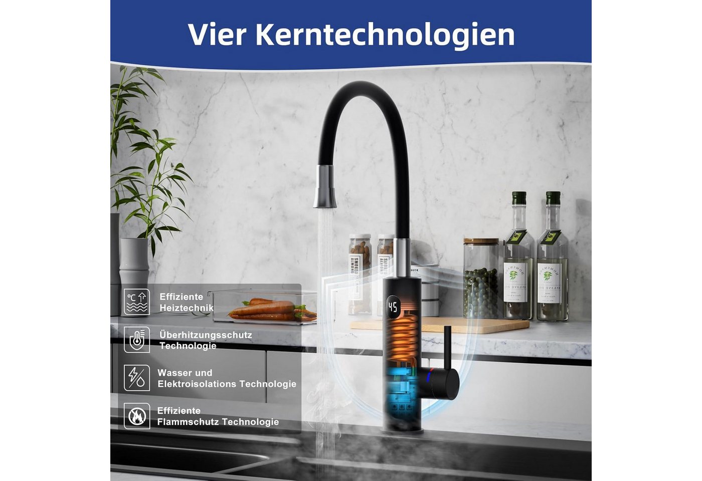 Oihpaw Durchlauferhitzer Elektrische Durchlauferhitzer, 360° Schwenkbar Armatur, 3000W, Kurzhebel, 1 St., Temperaturanzeige elektrischer Wasserhahn Küchenarmatur Bild 4