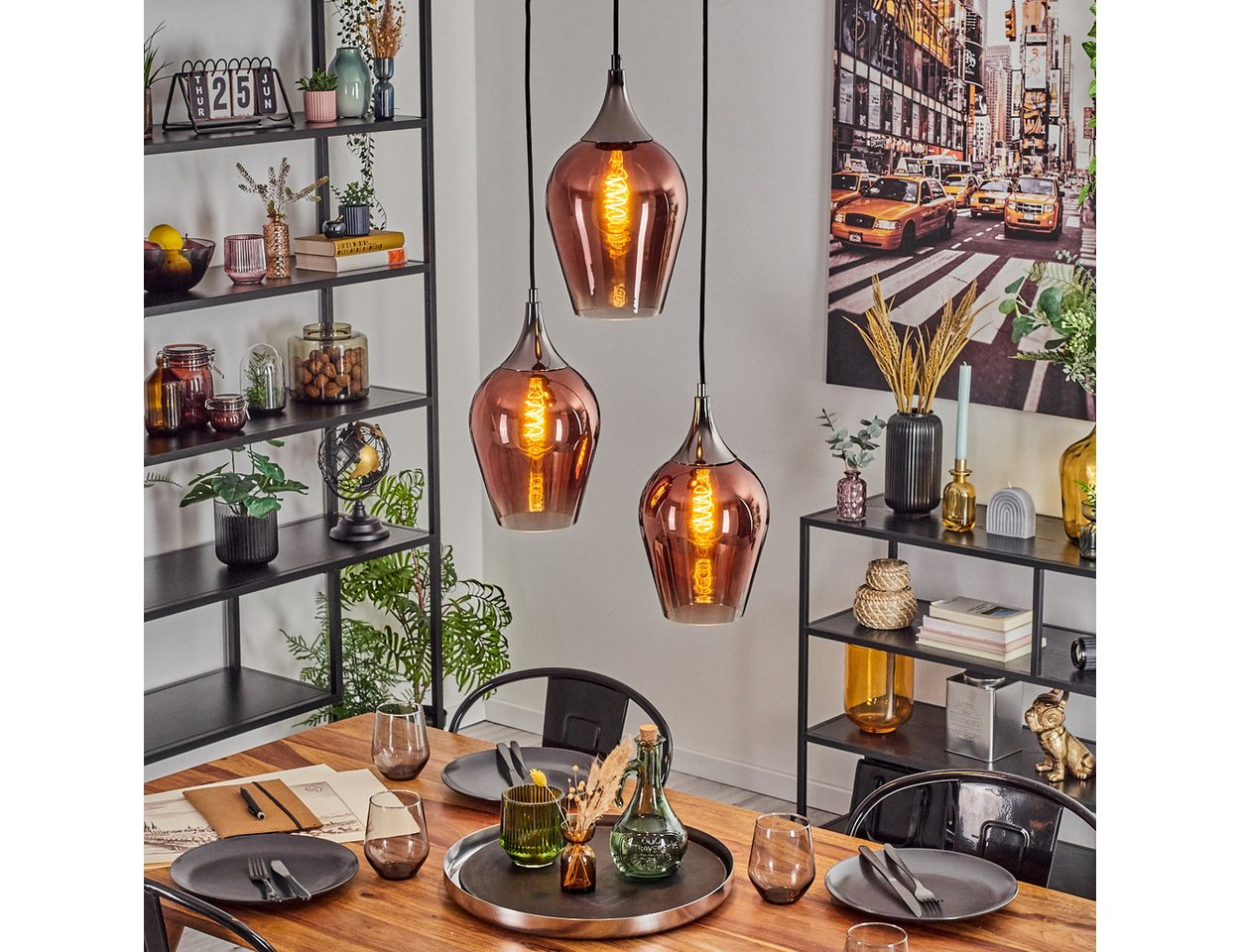 hofstein Hängeleuchte Hängelampe aus Metall/Glas in Chrom/Schwarz/Kupfer/Klar, ohne Leuchtmittel, moderne Pendelleucht im Retro/Vintage-Design (20 cm), 3 x E27