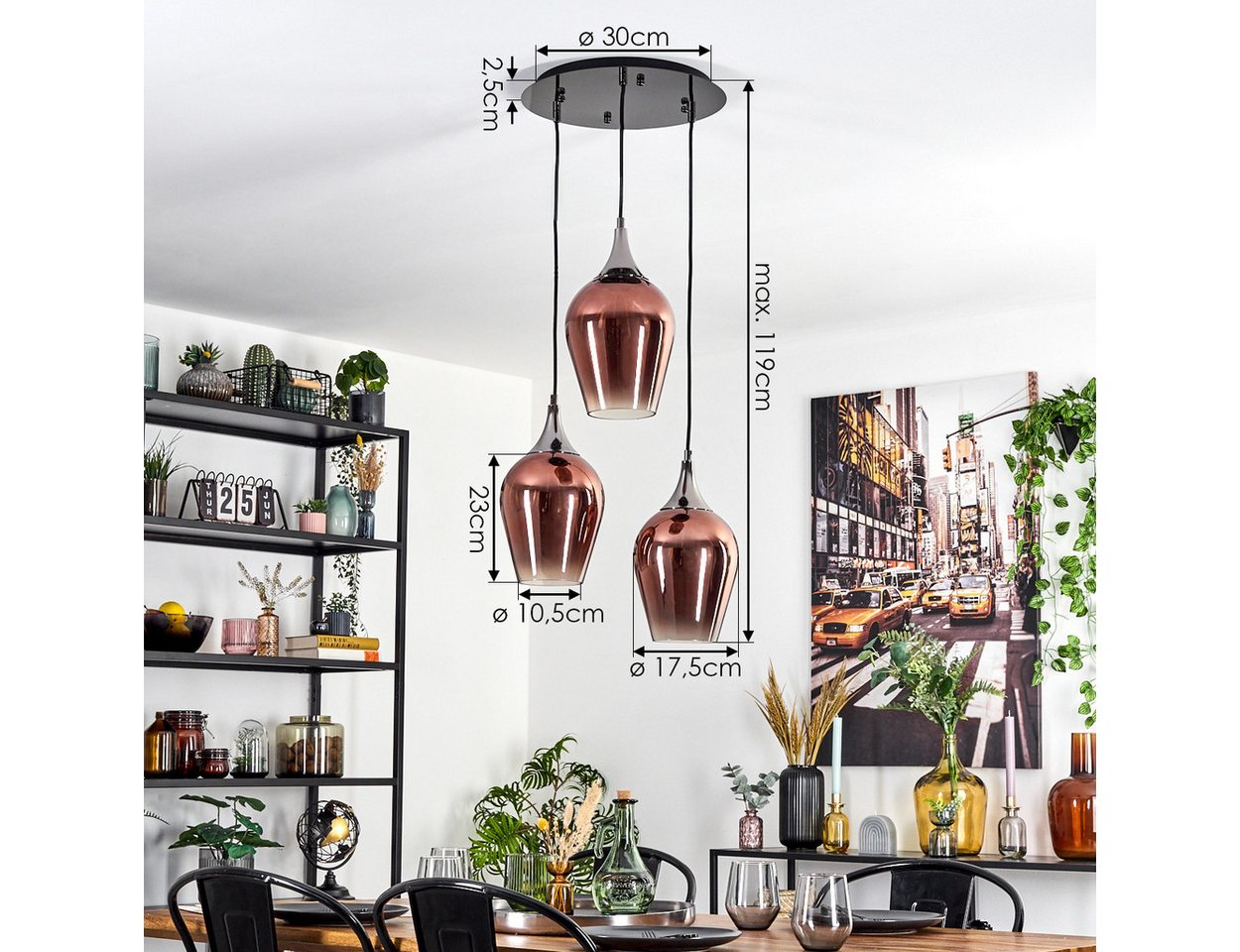 hofstein Hängeleuchte Hängelampe aus Metall/Glas in Chrom/Schwarz/Kupfer/Klar, ohne Leuchtmittel, moderne Pendelleucht im Retro/Vintage-Design (20 cm), 3 x E27 Bild 2