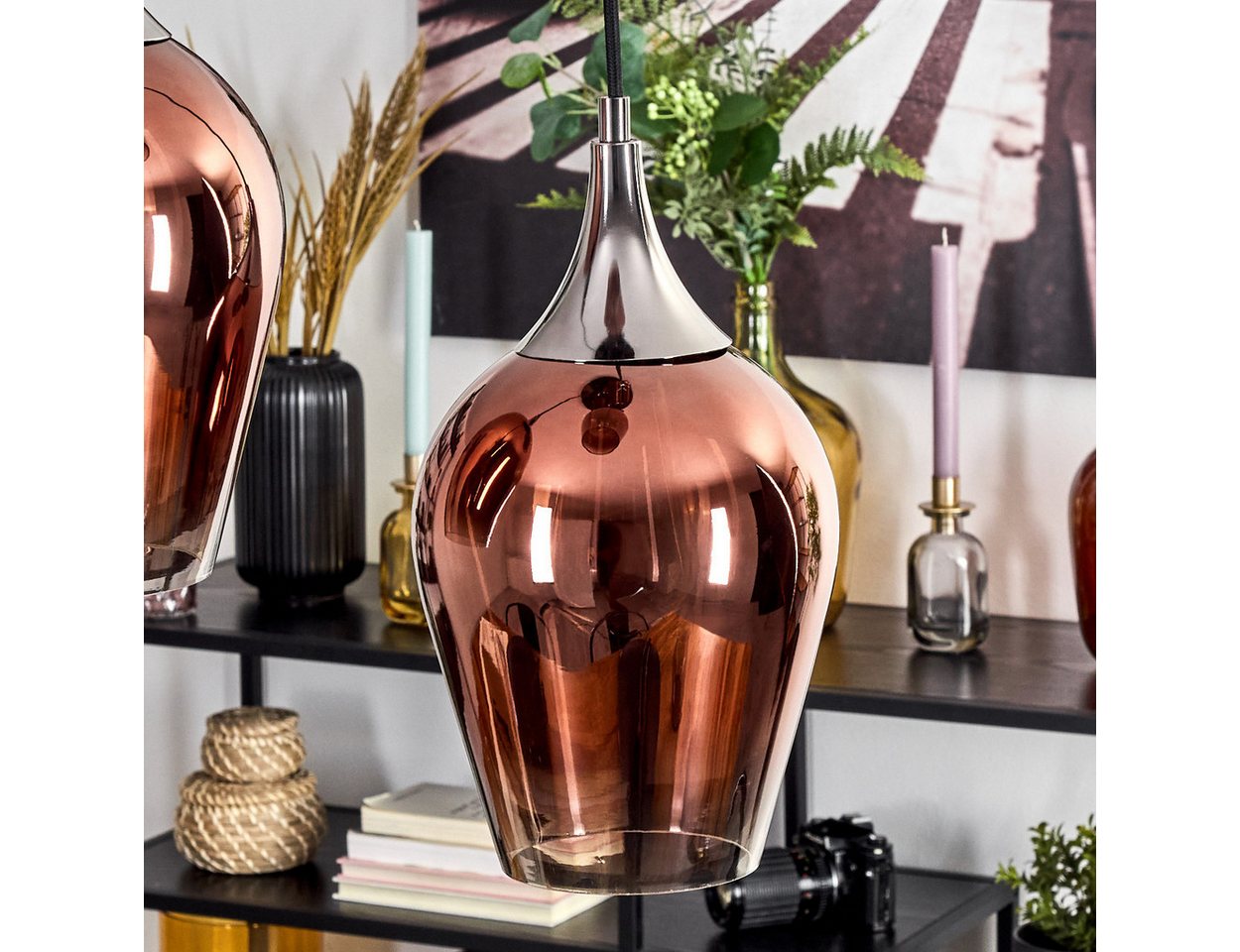 hofstein Hängeleuchte Hängelampe aus Metall/Glas in Chrom/Schwarz/Kupfer/Klar, ohne Leuchtmittel, moderne Pendelleucht im Retro/Vintage-Design (20 cm), 3 x E27 Bild 3
