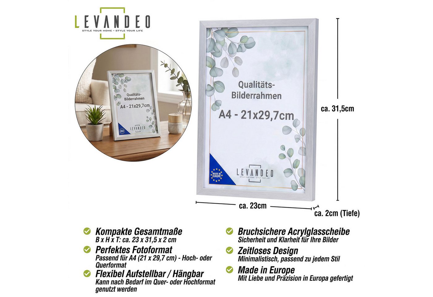 Levandeo® Bilderrahmen, Bilderrahmen Silber 21x29,7 Made in EU Fotorahmen A4 Poster Urkunde Bild 4
