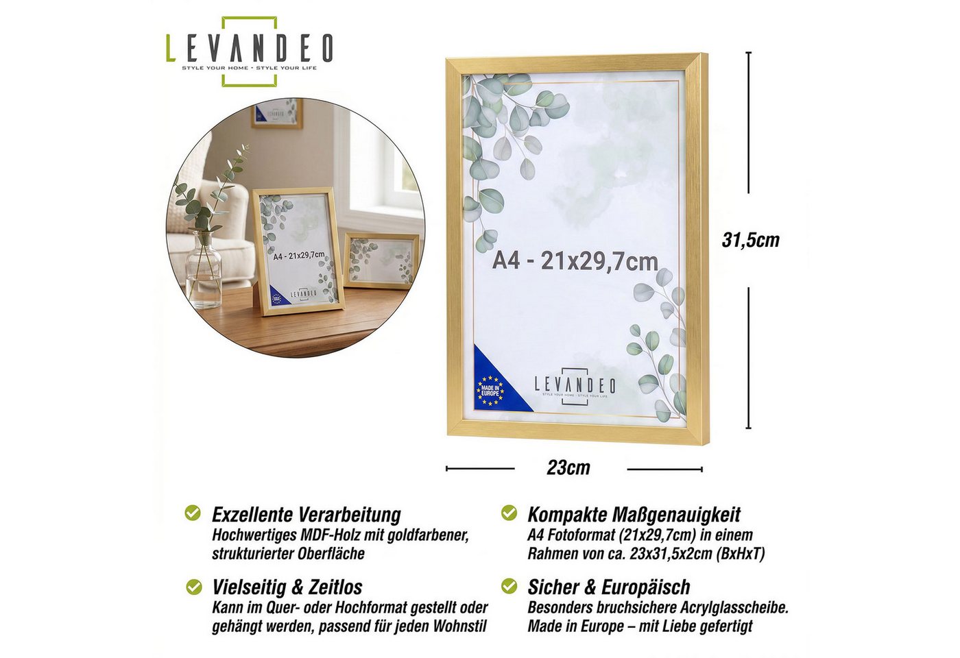 Levandeo® Bilderrahmen, Bilderrahmen Gold 21x29,7 Made in EU Fotorahmen A4 Poster Bild 3