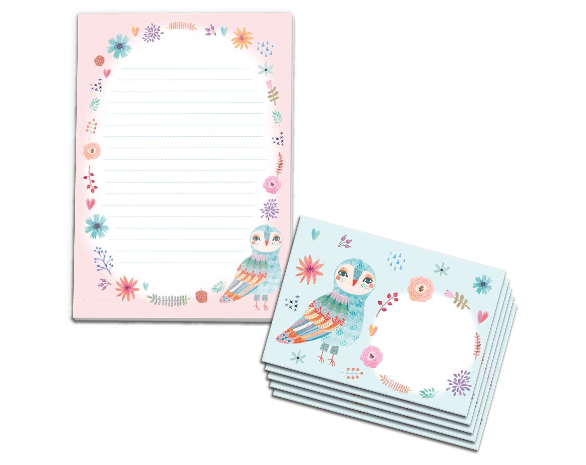 JUNAPACK Briefpapier Set Kinder Briefblock A5 mit Umschlägen Notizblock Papier Eule Tiere, Kinder-Briefpapier A5 mit 15 Umschlägen, liniert & leicht beschreibbar