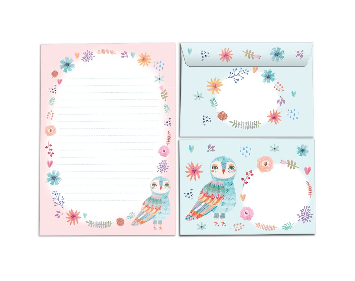 JUNAPACK Briefpapier Set Kinder Briefblock A5 mit Umschlägen Notizblock Papier Eule Tiere, Kinder-Briefpapier A5 mit 15 Umschlägen, liniert & leicht beschreibbar Bild 3