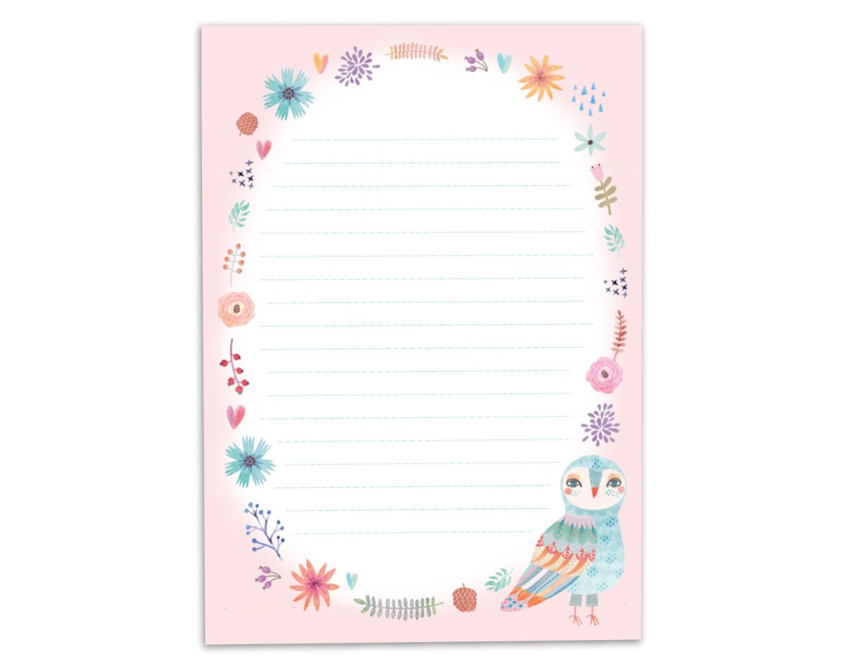 JUNAPACK Briefpapier Set Kinder Briefblock A5 mit Umschlägen Notizblock Papier Eule Tiere, Kinder-Briefpapier A5 mit 15 Umschlägen, liniert & leicht beschreibbar Bild 4