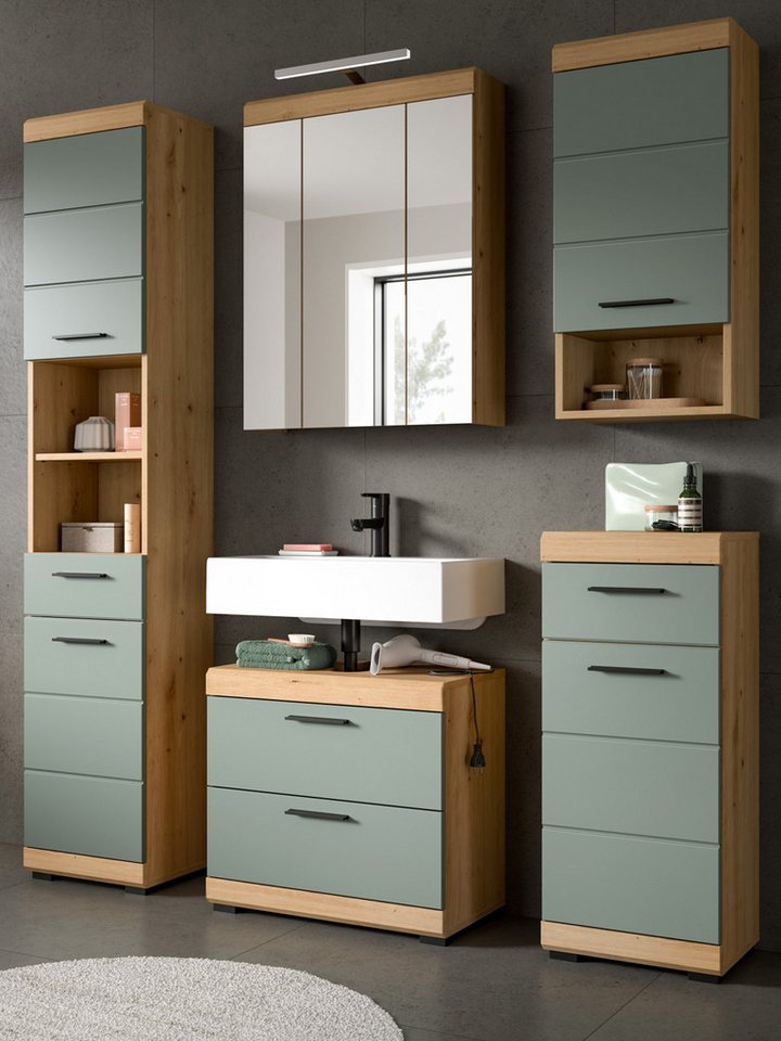Inn.Furn Badmöbel-Set Shawn, (Badezimmer in Salbei grün und Artisan Eiche, Komplett-Set 5-teilig, 164 x 191 cm), mit extra viel Stauraum Bild 3
