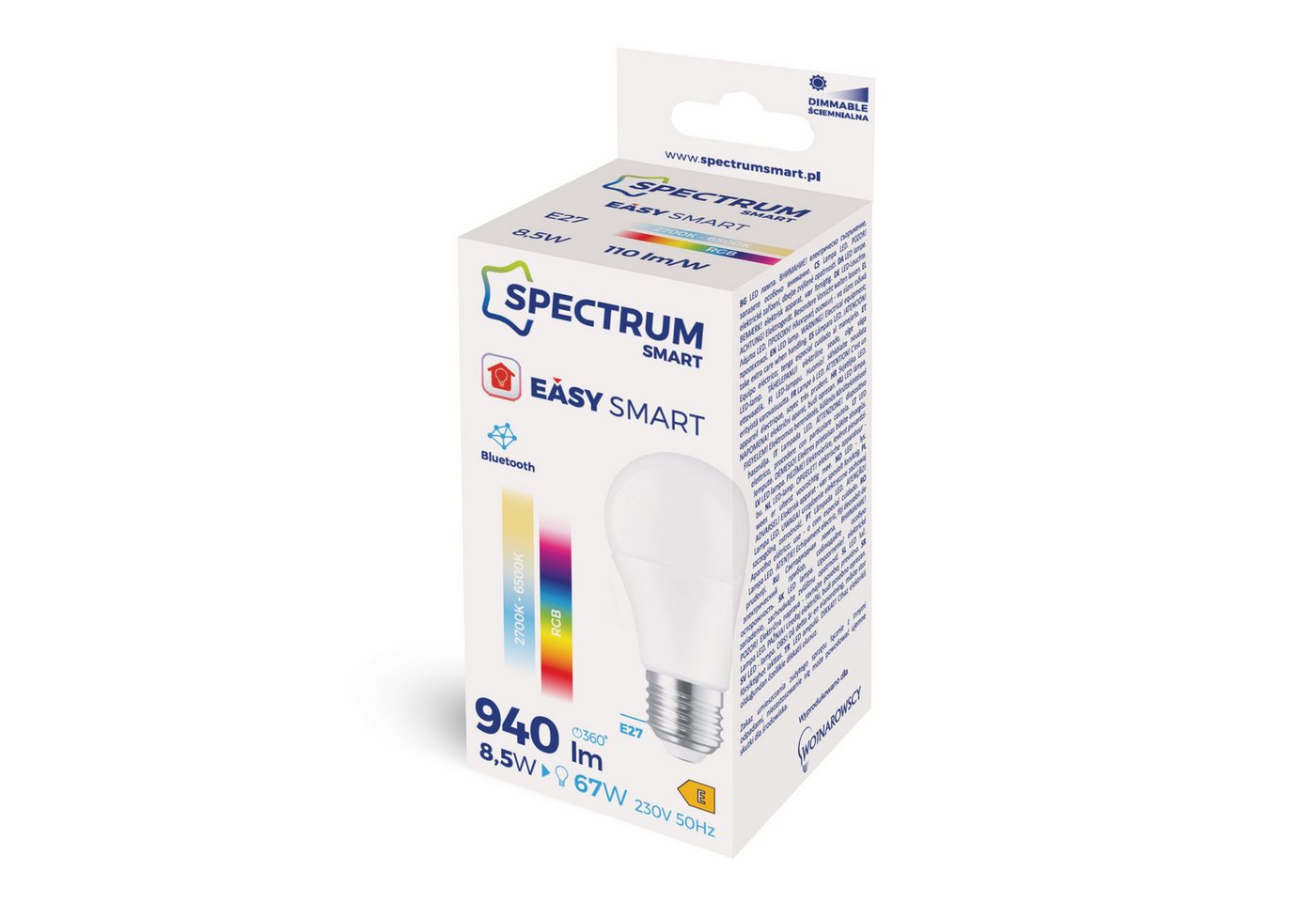 Spectrum LED-Leuchtmittel LED E27 A60 EASY SMART APP 8,5W = 67W 940lm BLUETOOTH 2700K-6500 DIMM, E27, Farbwechsler, CCT-Farbtemperatursteuerung - warmweiß bis tageslichtweiß, RGB Bild 2