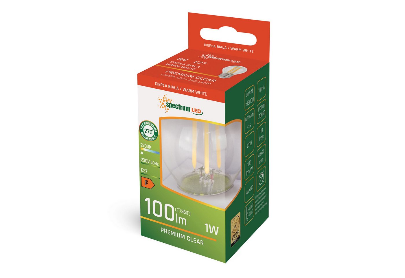 Spectrum LED-Leuchtmittel LED E27 G45 Filament Klar 1W = 10W Tropfen 100lm 300° 230V Warm 2700K, E27, Warmweiß, Filament klar, Tropfen Bild 2