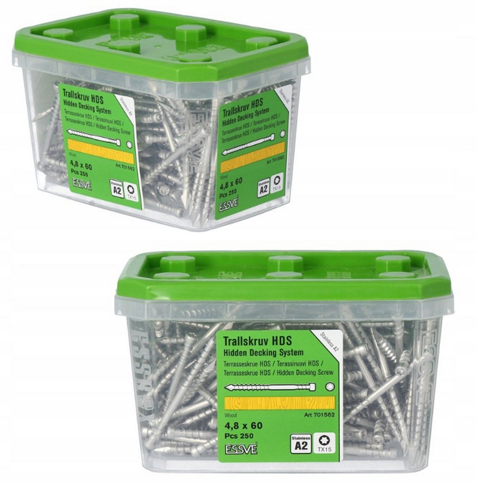 ESSVE Terrassenschraube ESSVE HDS A2 Edelstahl verdeckte Montage 4,8 x 60 mm 250 St., (250 St)