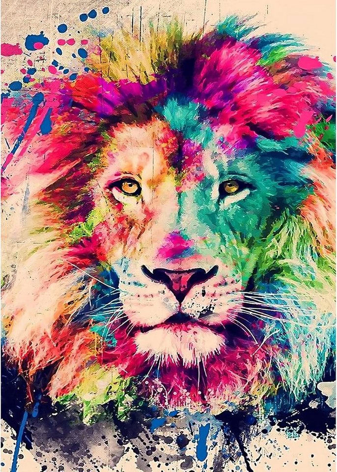 KAYLJIE Malen nach Zahlen Diamond Painting Bild 30x40cm 5D Tiere Bunter Löwe (Komplettset für 5D Diamond Painting inklusive Leinwand, Diamanten und Werkzeugen, Diamond Painting Set mit Zubehör für DIY-Kreativität und Entspannung), 5D Diamond Painting mit präziser Klebeschicht & Zubehör