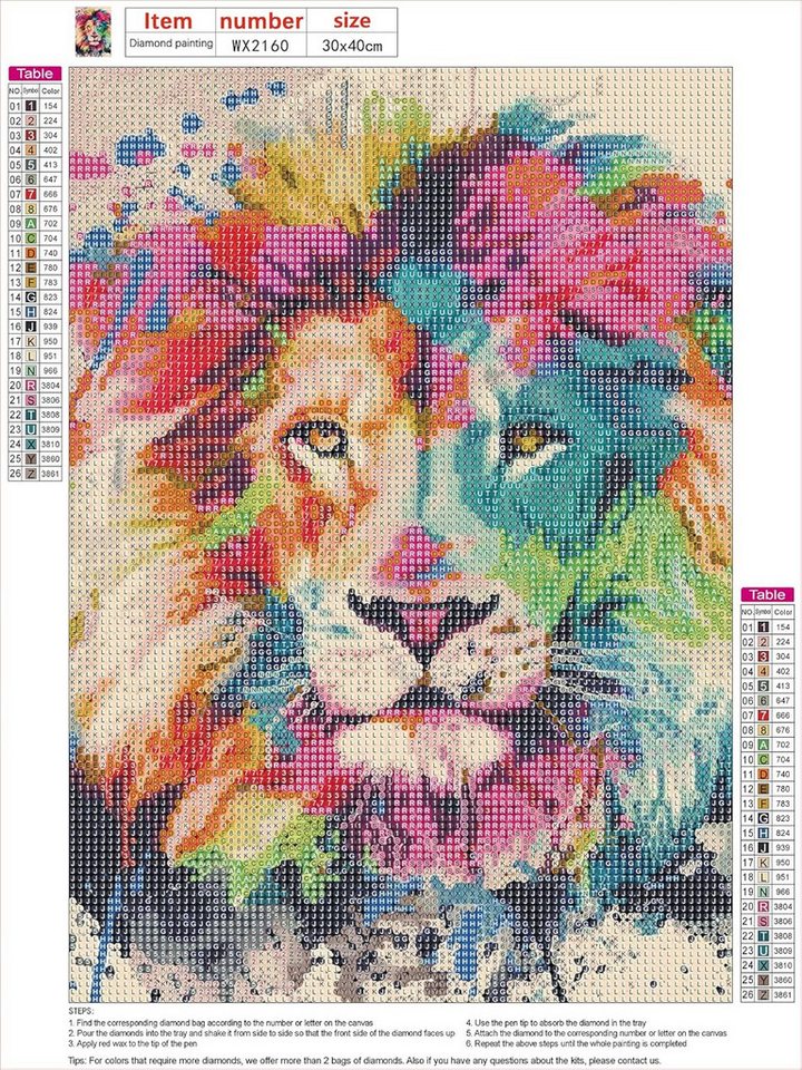 KAYLJIE Malen nach Zahlen Diamond Painting Bild 30x40cm 5D Tiere Bunter Löwe (Komplettset für 5D Diamond Painting inklusive Leinwand, Diamanten und Werkzeugen, Diamond Painting Set mit Zubehör für DIY-Kreativität und Entspannung), 5D Diamond Painting mit präziser Klebeschicht & Zubehör Bild 3