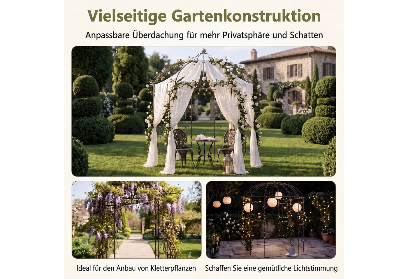 KOMFOTTEU Rosenbogen, Gartenpavillon aus Metall, mit Rankhilfe & Dach