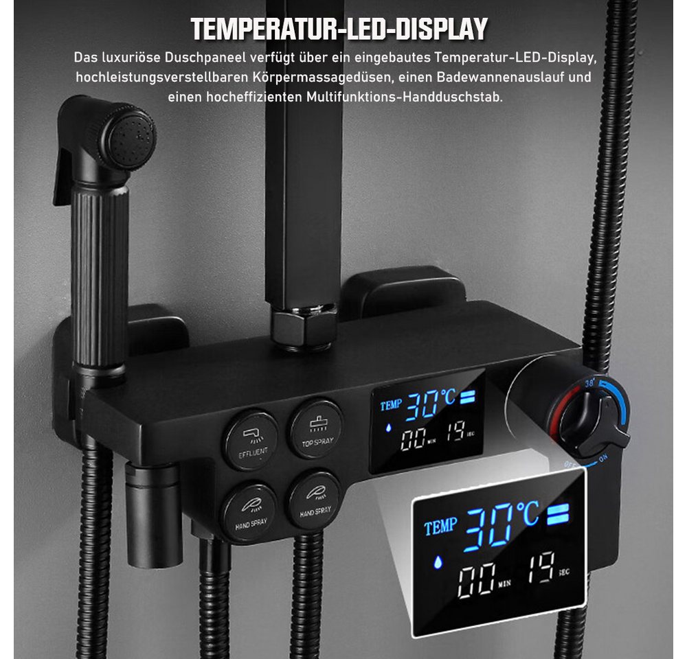XERSEK Duschsystem Thermostat Duscharmatur 86-120cm Verstellbare Duschstange Komplettset, 3 Strahlart(en), Duschset mit Temperatur-LED-Display & Armatur, 30x19cm, 360° Regendusche Kopfbrause, Badewannenauslauf, Thermostat-Duschsystem mit LED-Anzeige und 38 °C Sicherheitssperre
