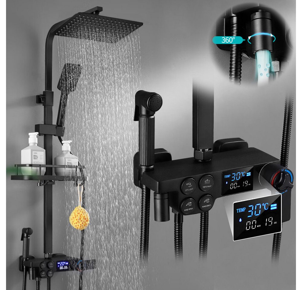 XERSEK Duschsystem Thermostat Duscharmatur 86-120cm Verstellbare Duschstange Komplettset, 3 Strahlart(en), Duschset mit Temperatur-LED-Display & Armatur, 30x19cm, 360° Regendusche Kopfbrause, Badewannenauslauf, Thermostat-Duschsystem mit LED-Anzeige und 38 °C Sicherheitssperre Bild 4