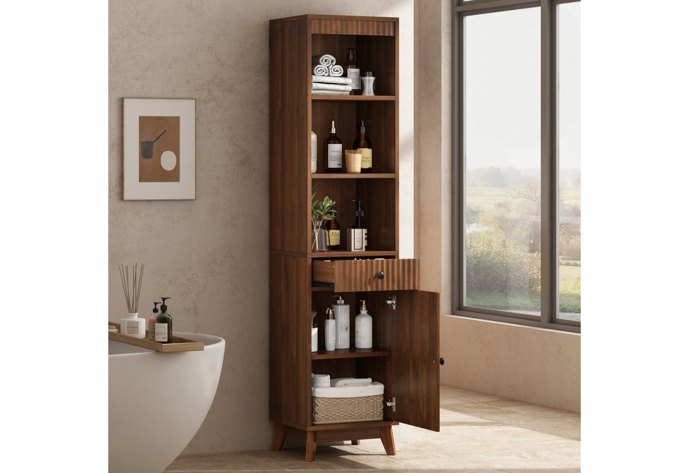 Flieks Badkommode schmal Hochschrank mit Schubladen, Tür rechts oder links wechselbar (Massivholzbeine, Soft-Close-Funktion, vertikal geriffelte Fronten, 1 St., 40x36x172 cm), Badezimmerschrank Multifunktionsschrank mit 5 Fächern Walnussholzfarbe