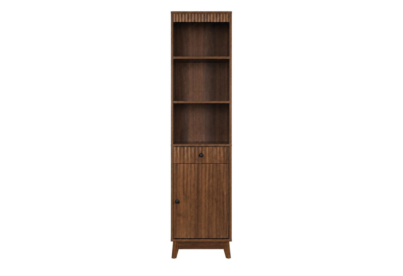 Flieks Badkommode schmal Hochschrank mit Schubladen, Tür rechts oder links wechselbar (Massivholzbeine, Soft-Close-Funktion, vertikal geriffelte Fronten, 1 St., 40x36x172 cm), Badezimmerschrank Multifunktionsschrank mit 5 Fächern Walnussholzfarbe Bild 2