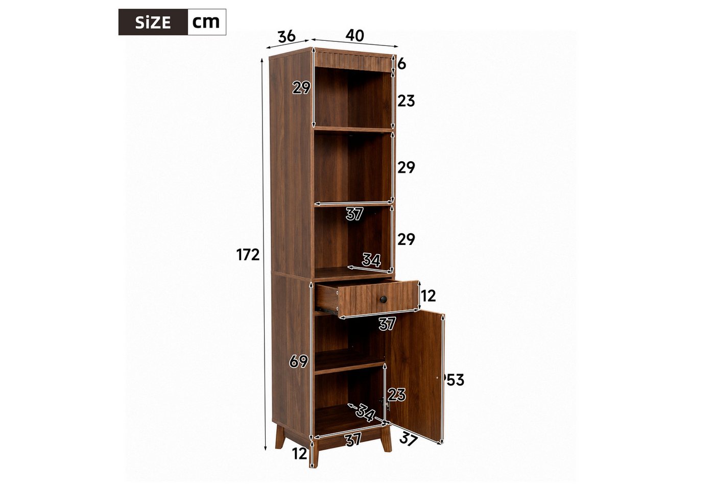 Flieks Badkommode schmal Hochschrank mit Schubladen, Tür rechts oder links wechselbar (Massivholzbeine, Soft-Close-Funktion, vertikal geriffelte Fronten, 1 St., 40x36x172 cm), Badezimmerschrank Multifunktionsschrank mit 5 Fächern Walnussholzfarbe Bild 3