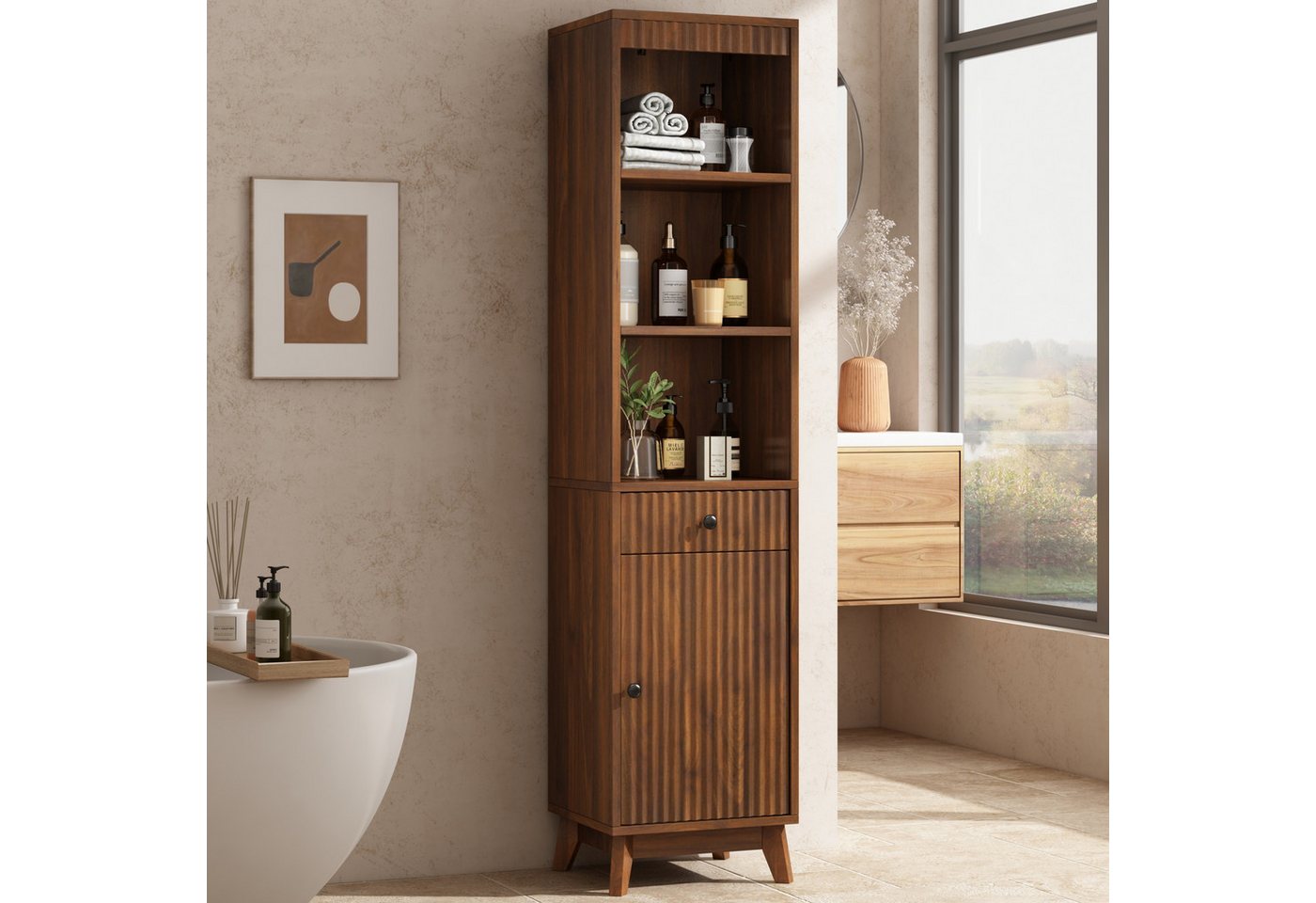 Flieks Badkommode schmal Hochschrank mit Schubladen, Tür rechts oder links wechselbar (Massivholzbeine, Soft-Close-Funktion, vertikal geriffelte Fronten, 1 St., 40x36x172 cm), Badezimmerschrank Multifunktionsschrank mit 5 Fächern Walnussholzfarbe Bild 4