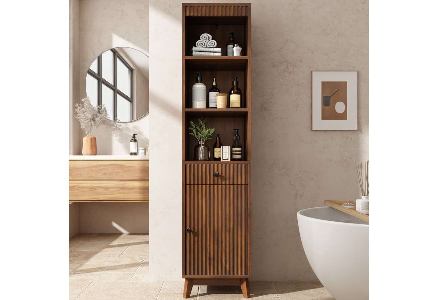 Flieks Badkommode schmal Hochschrank mit Schubladen, Tür rechts oder links wechselbar (Massivholzbeine, Soft-Close-Funktion, vertikal geriffelte Fronten, 1 St., 40x36x172 cm), Badezimmerschrank Multifunktionsschrank mit 5 Fächern Walnussholzfarbe Bild 5