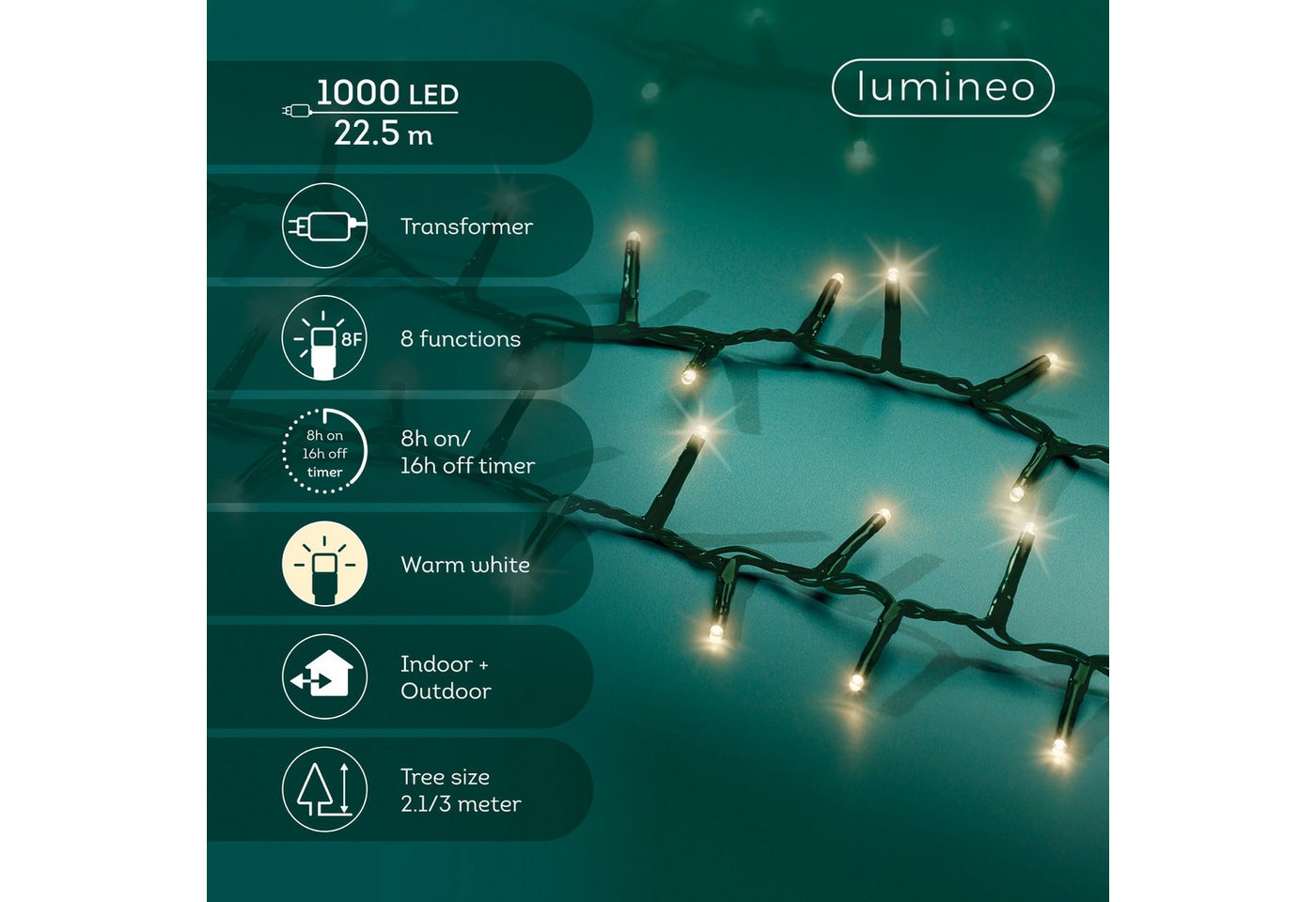 Lumineo LED-Lichterkette Lumineo Lichterkette COMPACT TWINKLE 1000 LED 22,5 m warm weiß, grün, Indoor/Outdoor, 8 Funktionen, 8h-Timer, + 5 Meter Bild 3
