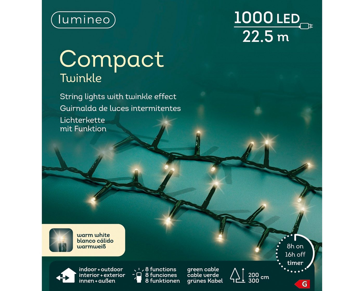 Lumineo LED-Lichterkette Lumineo Lichterkette COMPACT TWINKLE 1000 LED 22,5 m warm weiß, grün, Indoor/Outdoor, 8 Funktionen, 8h-Timer, + 5 Meter Bild 5