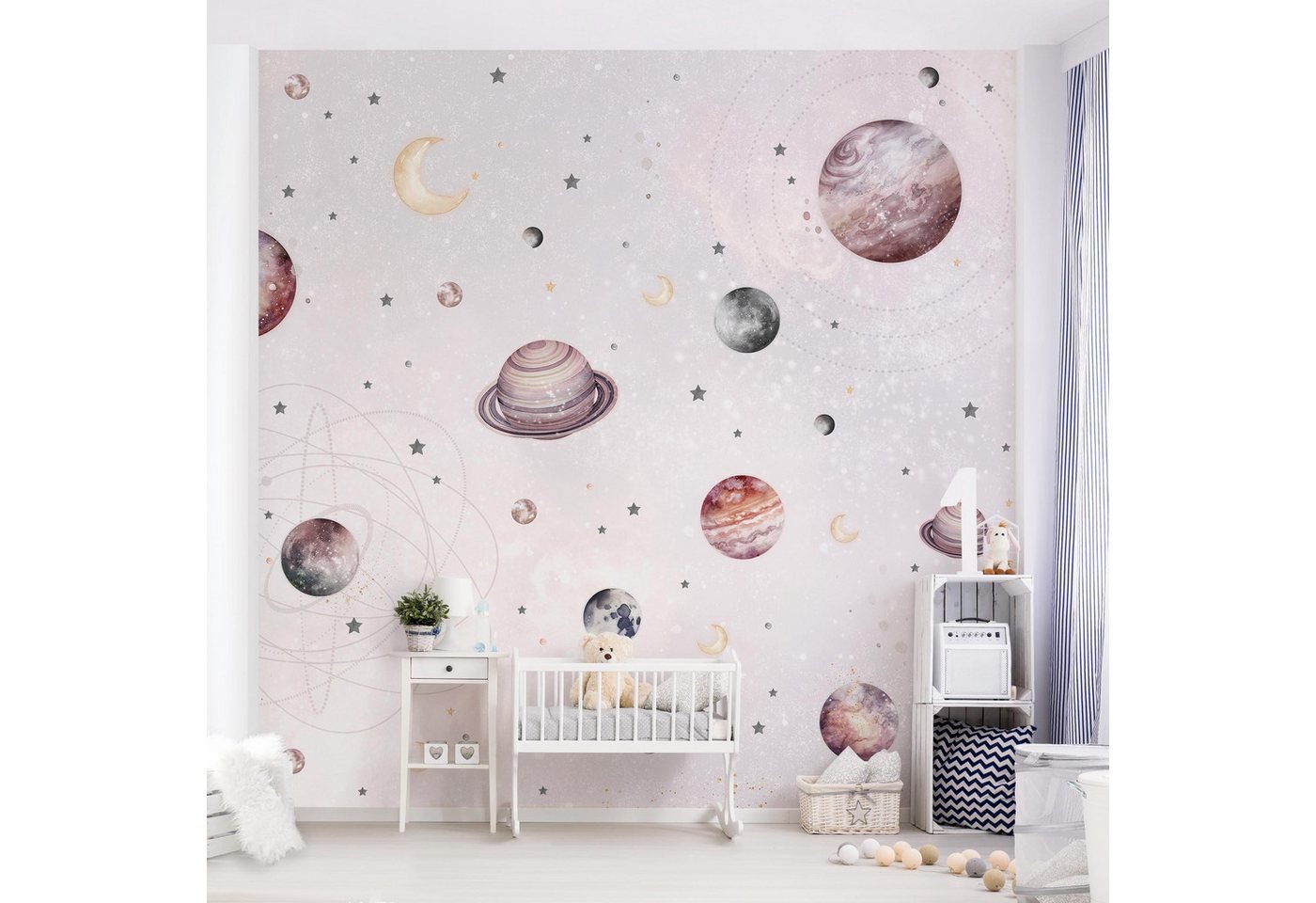Bilderdepot24 Kindertapete Planeten Mond Sterne Aquarell Illustration Kinder Weltall pastell, Glatt, Matt, (Vliestapete inkl. Kleister oder selbstklebend), Mädchenzimmer Jungenzimmer Babyzimmer Bildtapete Fototapete Wandtapete Bild 2
