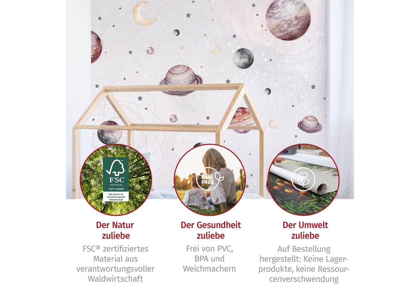 Bilderdepot24 Kindertapete Planeten Mond Sterne Aquarell Illustration Kinder Weltall pastell, Glatt, Matt, (Vliestapete inkl. Kleister oder selbstklebend), Mädchenzimmer Jungenzimmer Babyzimmer Bildtapete Fototapete Wandtapete Bild 3