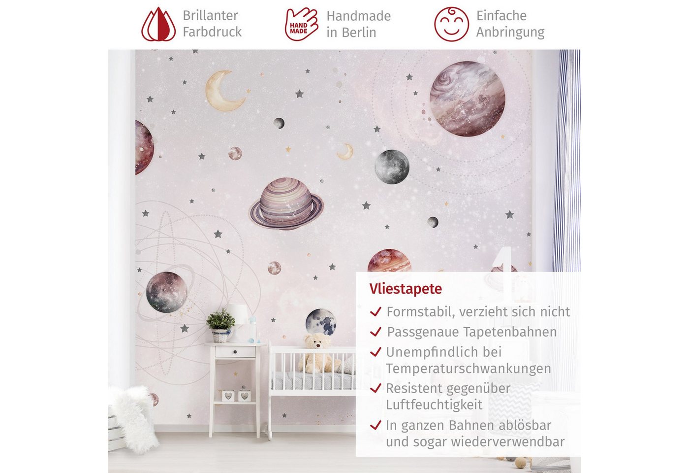 Bilderdepot24 Kindertapete Planeten Mond Sterne Aquarell Illustration Kinder Weltall pastell, Glatt, Matt, (Vliestapete inkl. Kleister oder selbstklebend), Mädchenzimmer Jungenzimmer Babyzimmer Bildtapete Fototapete Wandtapete Bild 4
