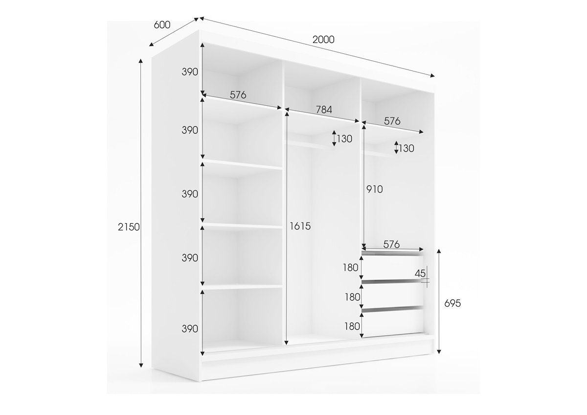 A&J MöbelLand GmbH Schiebetürenschrank TOP Moderner 3-türiger Kleiderschrank mit Spiegel (TOP ANGEBOT! Geräumiger Schrank mit einer Breite von 200 cm ideal zur Aufbewahrung von Kleidung und Accessoires. Wählen Sie das ideale Modell für Ihr Schlafzimmer!, TOP PRODUKT) Breite: 200 cm, Höhe: 215 cm, Tiefe: 60 cm Bild 3
