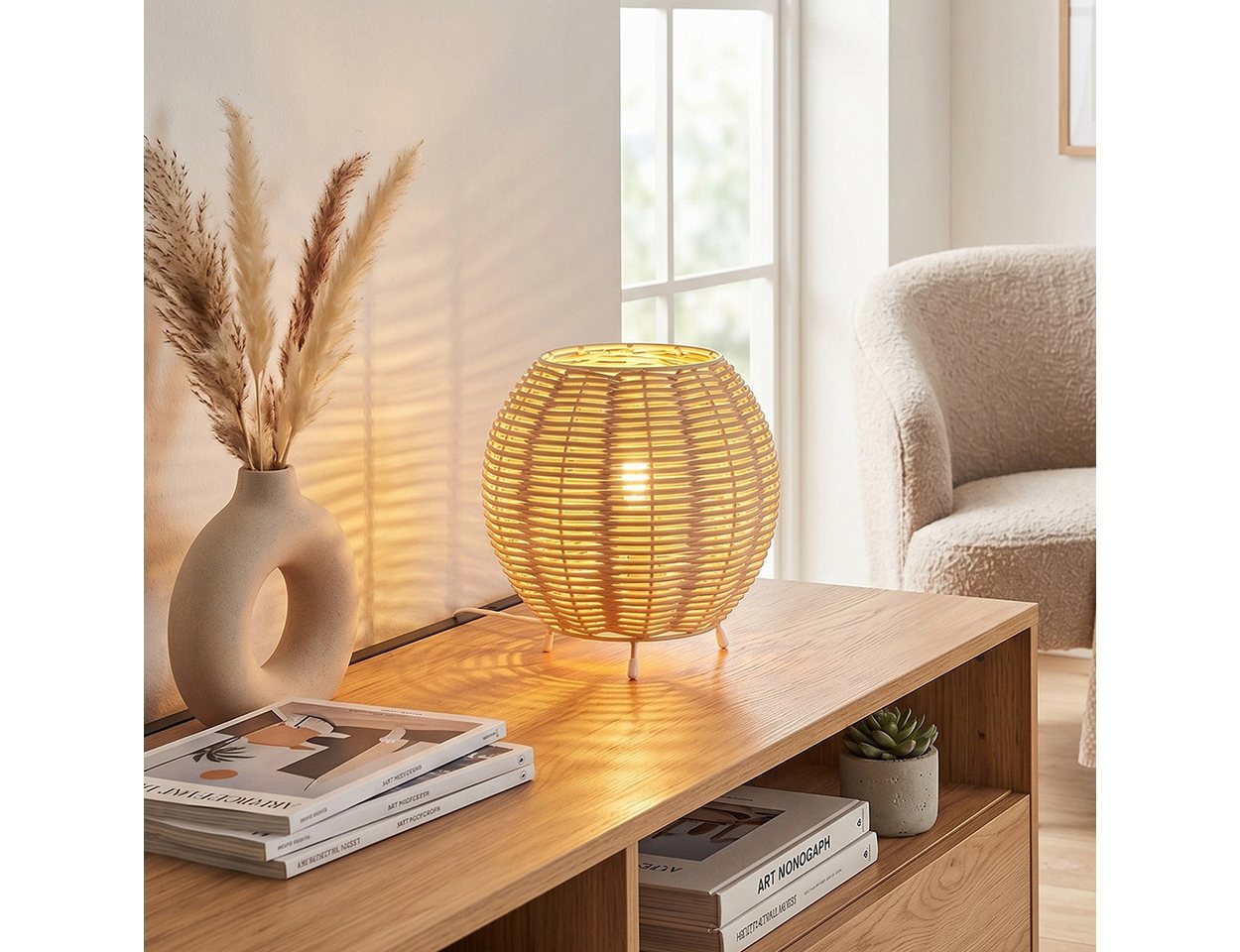 hofstein Tischleuchte Tischlampe aus Metall/Rattan in Beige/Naturfarben, ohne Leuchtmittel, Schirm aus Rattan (16 cm), An/-Auschalter, 1x E14, ohne Leuchtmittel