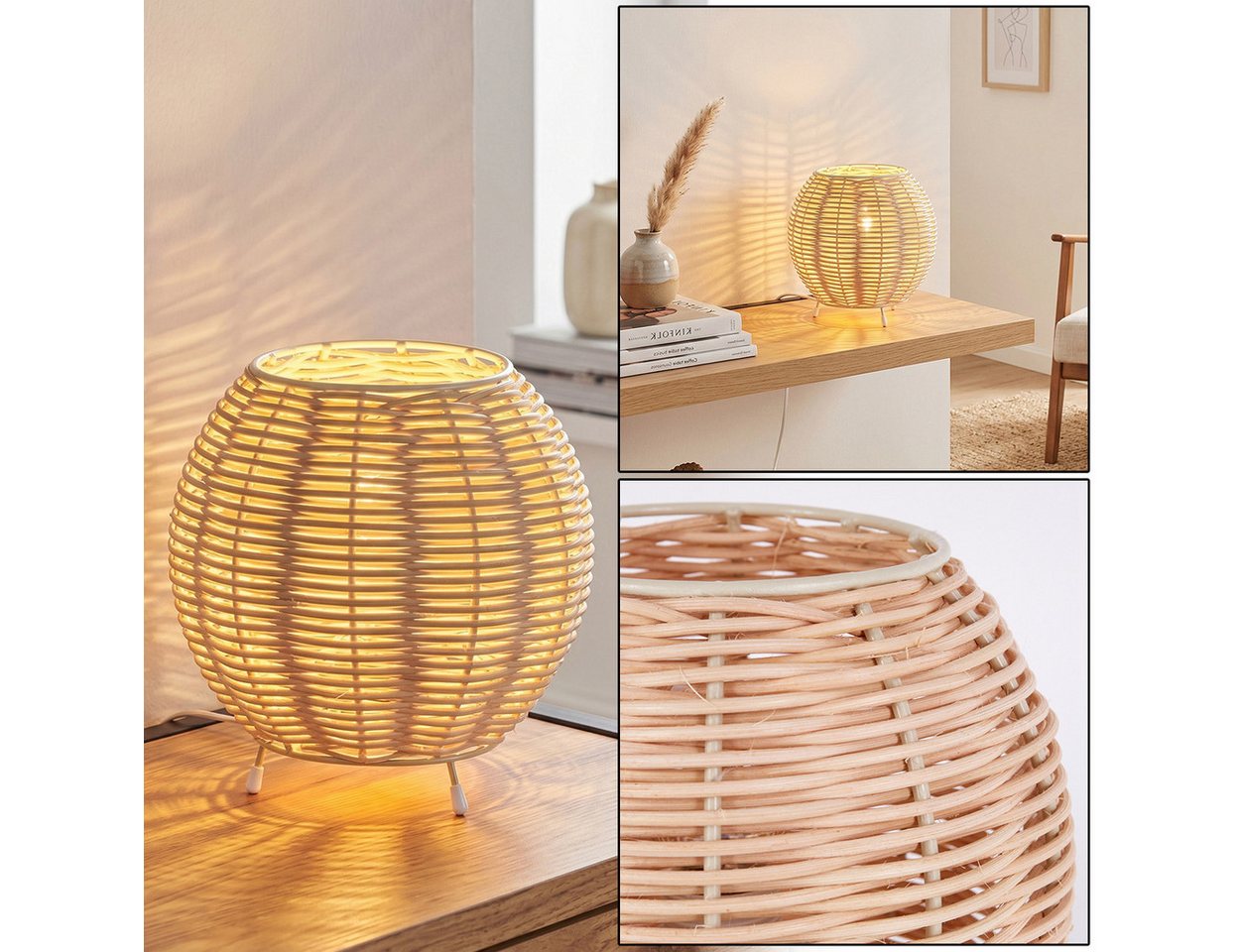 hofstein Tischleuchte Tischlampe aus Metall/Rattan in Beige/Naturfarben, ohne Leuchtmittel, Schirm aus Rattan (16 cm), An/-Auschalter, 1x E14, ohne Leuchtmittel Bild 3