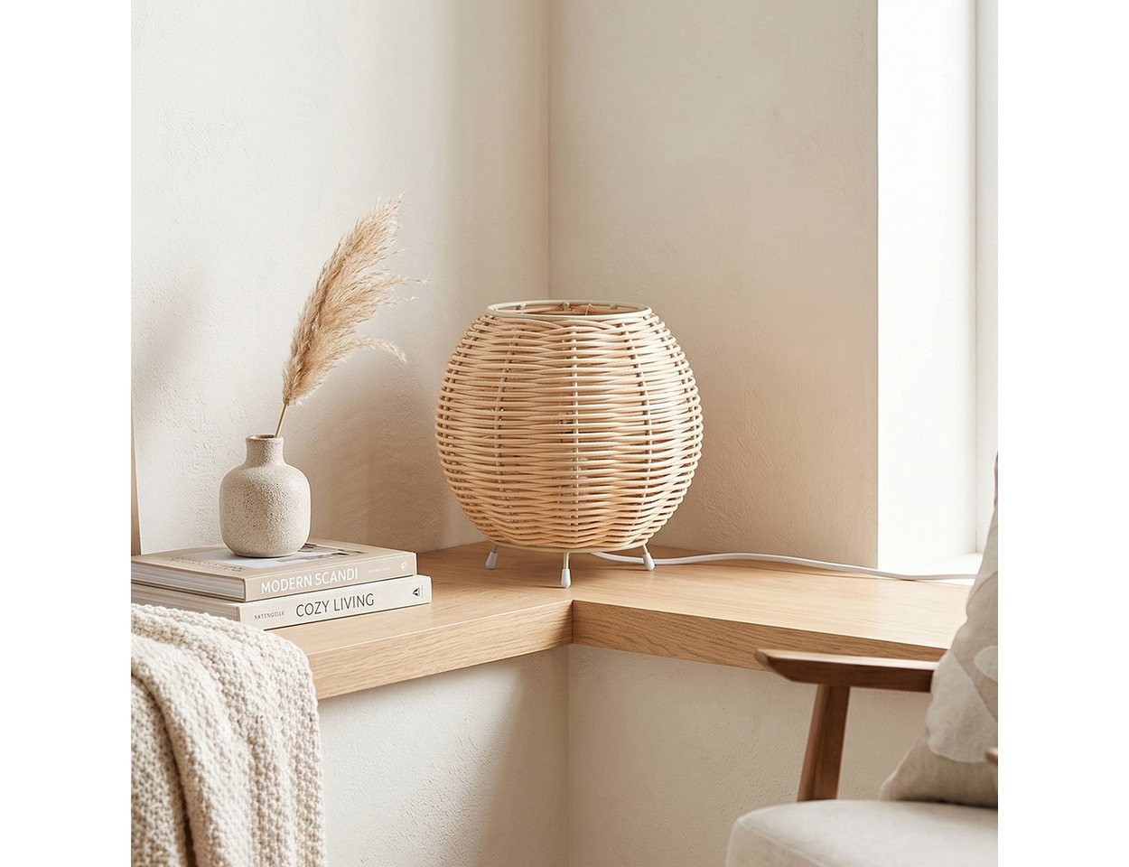 hofstein Tischleuchte Tischlampe aus Metall/Rattan in Beige/Naturfarben, ohne Leuchtmittel, Schirm aus Rattan (16 cm), An/-Auschalter, 1x E14, ohne Leuchtmittel Bild 4