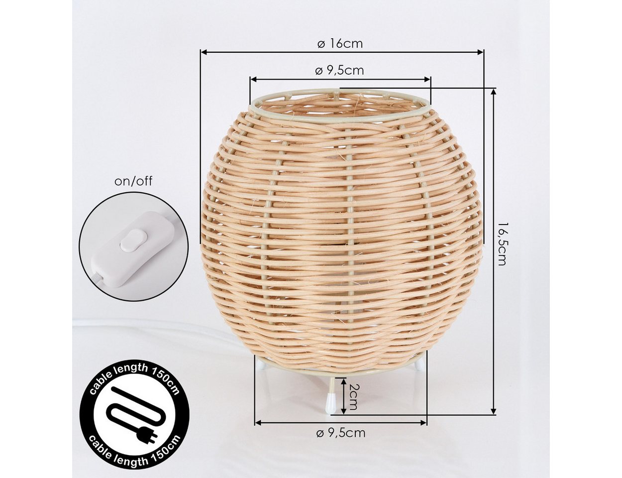hofstein Tischleuchte Tischlampe aus Metall/Rattan in Beige/Naturfarben, ohne Leuchtmittel, Schirm aus Rattan (16 cm), An/-Auschalter, 1x E14, ohne Leuchtmittel Bild 5