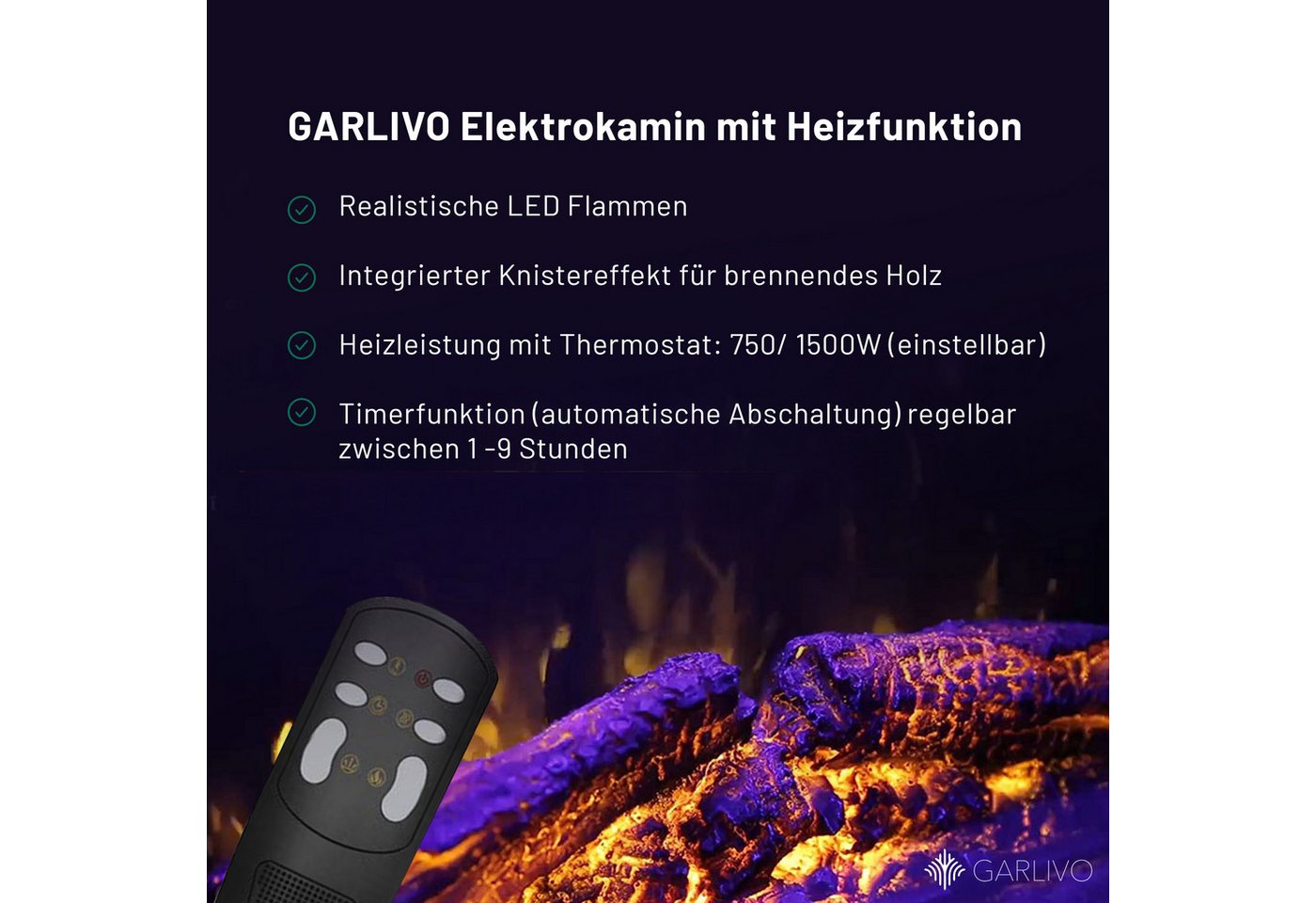 GARLIVO Elektrokamin CATANIA, täuschend echte Flamme mit Heizung und Knistereffekt Bild 4
