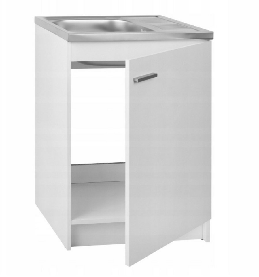 STAMAR Spülenschrank Komplettset Slim 60cm Weiß Spüle Deante Armatur Chrom Siphon Abtropf Unterschrank stehend 1 Tür 60x50cm Geschirrspüler Bohrung Edelstahl
