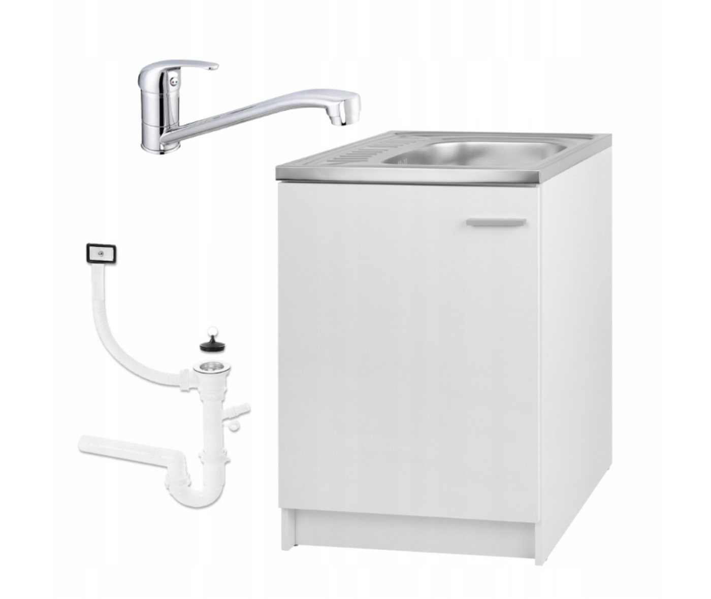 STAMAR Spülenschrank Komplettset Slim 60cm Weiß Spüle Deante Armatur Chrom Siphon Abtropf Unterschrank stehend 1 Tür 60x50cm Geschirrspüler Bohrung Edelstahl Bild 5