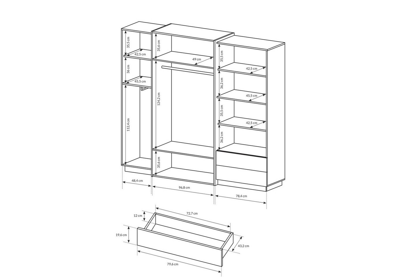 Masseno Drehtürenschrank TRES 230 cm Kleiderschrank 5 Türen und 2 Schubladen Eiche Craft Gold Bild 5