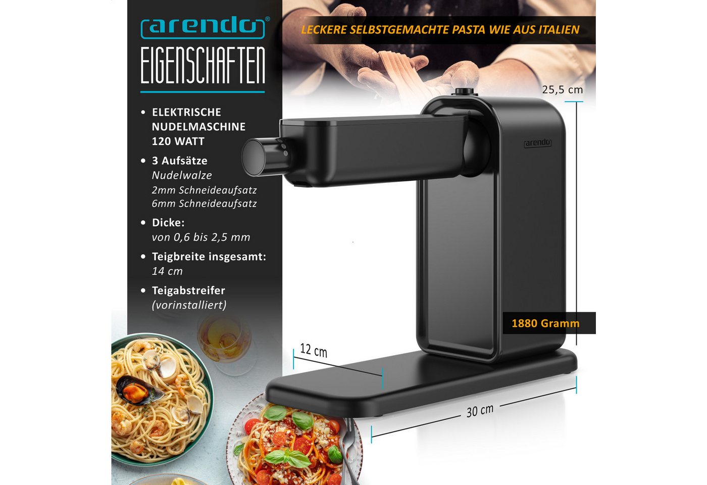 Arendo Nudelmaschine Elektrische Nudelmaschine, 5 Stärken einstellbar, Pasta Maker, 120 W, Nudelwalze und 2x Pasta-Schneideinsätze 2 mm und 6 mm, Knetmaschine
