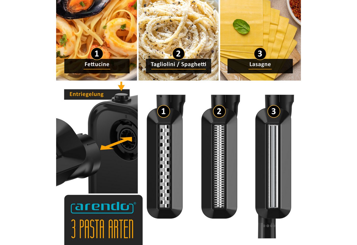Arendo Nudelmaschine Elektrische Nudelmaschine, 5 Stärken einstellbar, Pasta Maker, 120 W, Nudelwalze und 2x Pasta-Schneideinsätze 2 mm und 6 mm, Knetmaschine Bild 2