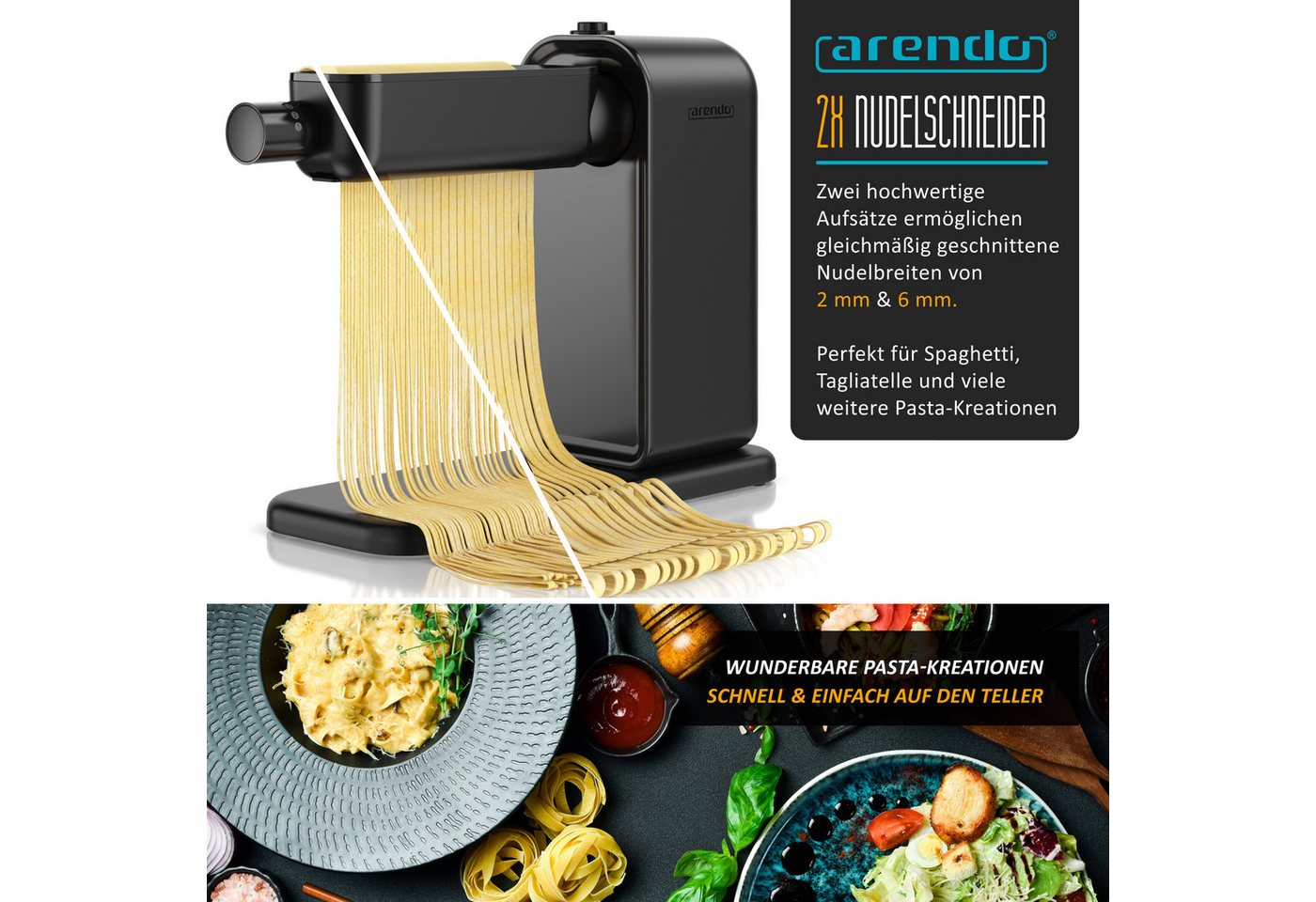 Arendo Nudelmaschine Elektrische Nudelmaschine, 5 Stärken einstellbar, Pasta Maker, 120 W, Nudelwalze und 2x Pasta-Schneideinsätze 2 mm und 6 mm, Knetmaschine Bild 5