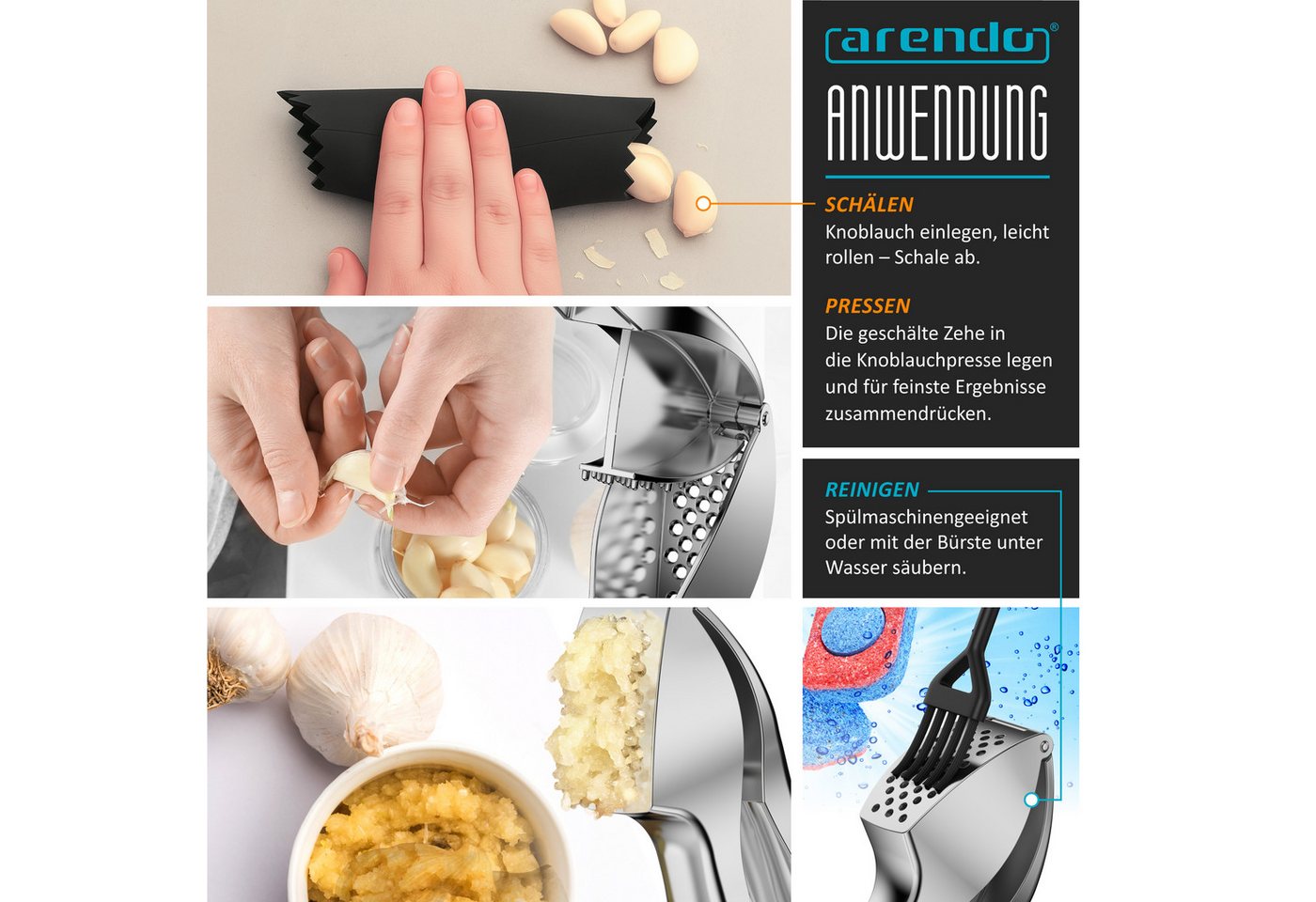 Arendo Knoblauchpresse Presse für Knoblauch & Ingwer, robust & spülmaschinengeeignet (3 St), Zinklegierung, Mehrzweckpresse leicht zu reinigen, großes Volumen, einfache Bedienung Bild 3