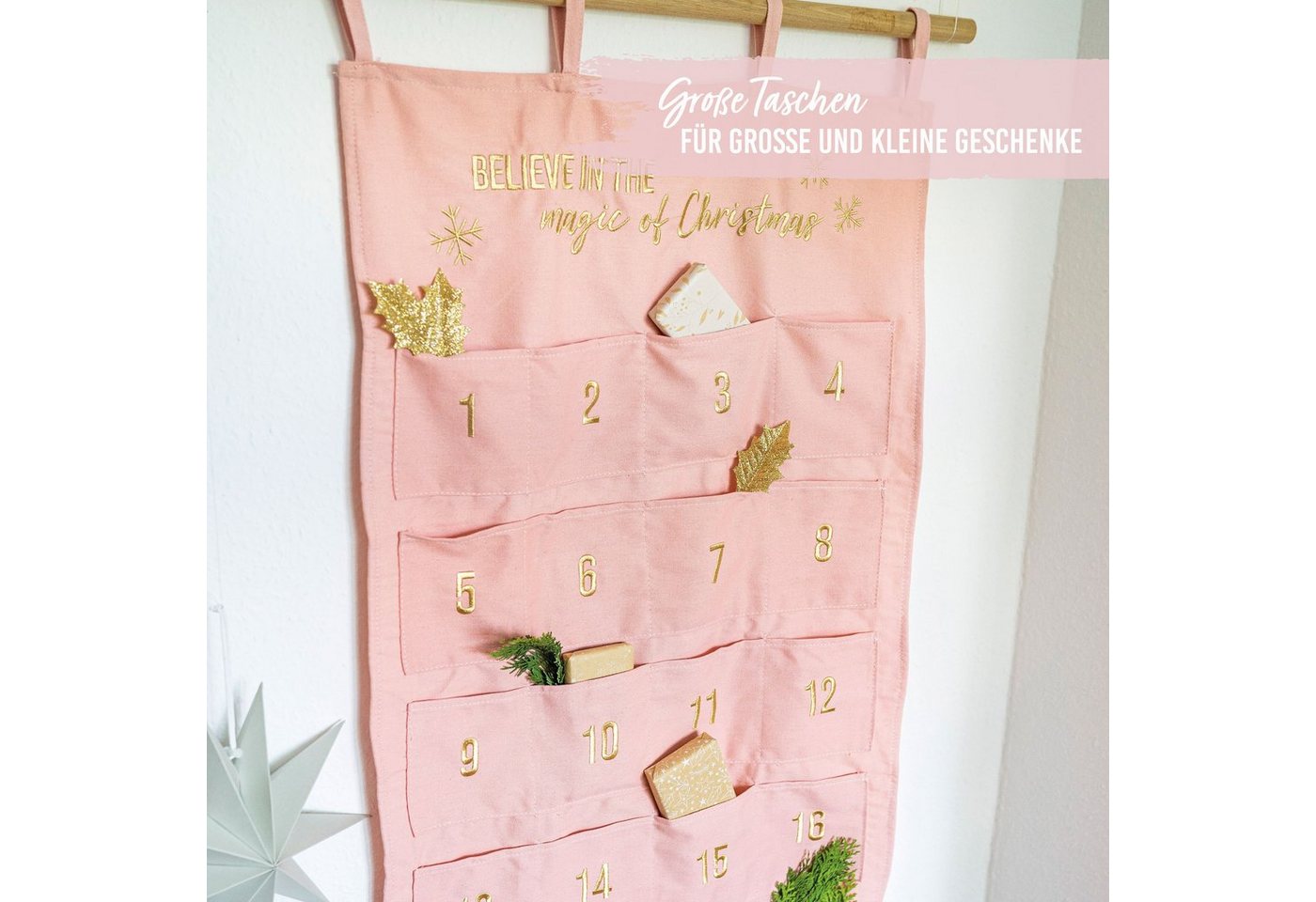 PAPIERDRACHEN befüllbarer Adventskalender Adventskalender Wandteppich aus Stoff zum Befüllen-hochwertig bestickt Bild 2