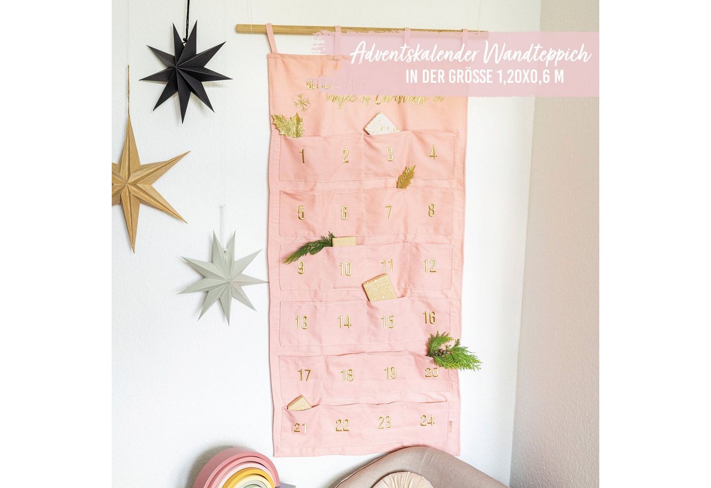 PAPIERDRACHEN befüllbarer Adventskalender Adventskalender Wandteppich aus Stoff zum Befüllen-hochwertig bestickt Bild 4