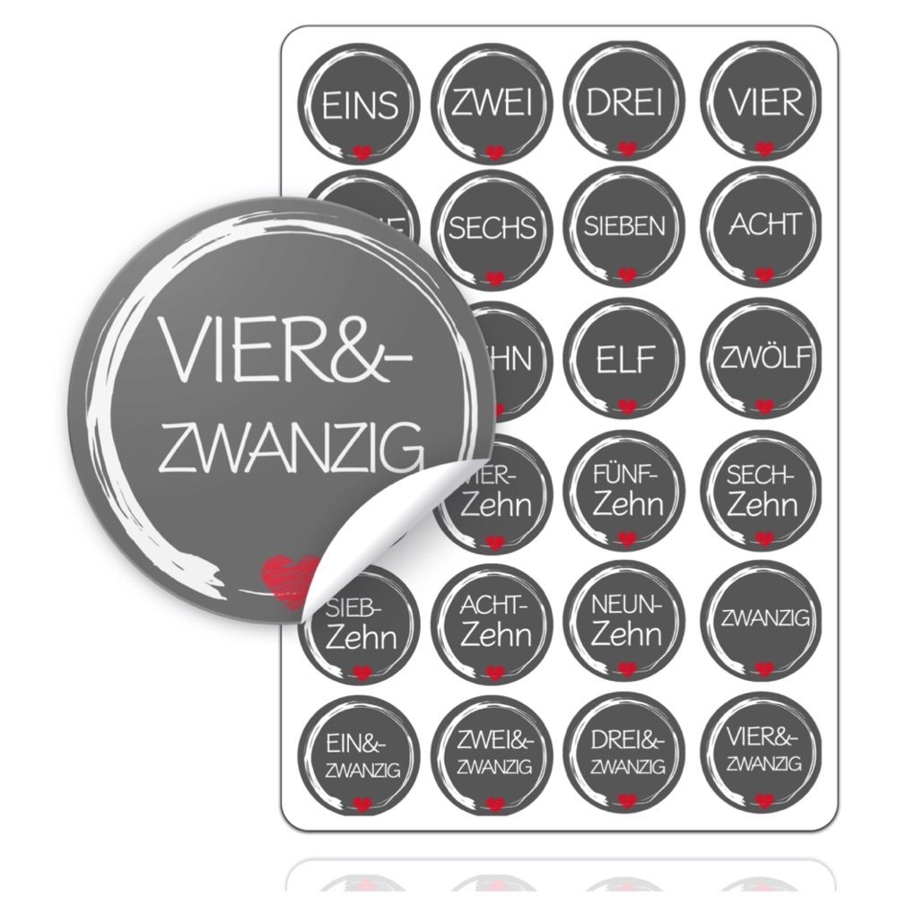 Weihnachtswunder® Sticker 24x Adventskalender Aufkleber Sticker Zahlen 1-24 selbstklebend ED.1, (Set), ø 5 cm
